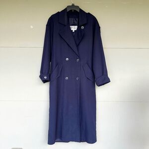 J. Gallery Navy Blue Long Trench Coat Belted Double Breasted Classic 80s/90s